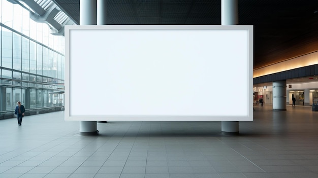 un cartellone bianco vuoto è in un edificio con un grande cartello bianco a sinistra.