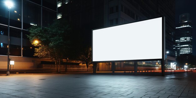 Un cartellone pubblicitario bianco vuoto su una parete di un edificio per uffici di notte