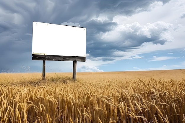 un cartellone pubblicitario in un campo di grano con un cielo nuvoloso sullo sfondo