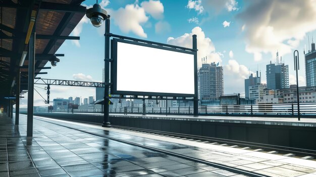 Un cartellone pubblicitario moderno della città si trova vuoto lungo un binario ferroviario che fornisce spazio per i modelli pubblicitari