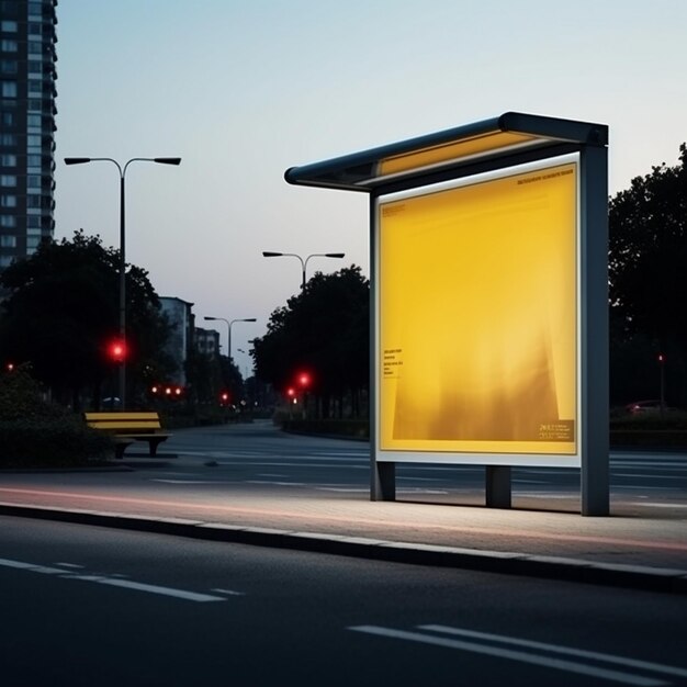 Un cartellone pubblicitario verticale bianco alla fermata dell'autobus sulla strada della città sullo sfondo degli autobus