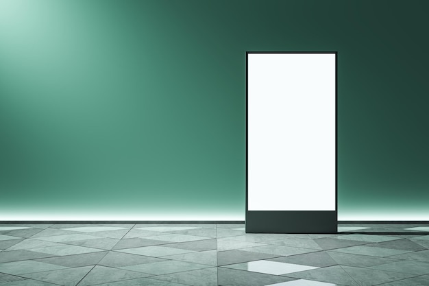 Un cartellone pubblicitario verticale vuoto in un interno moderno con pavimento piastrellato e sfondo verde verde concetto di visualizzazione di marketing 3D Rendering