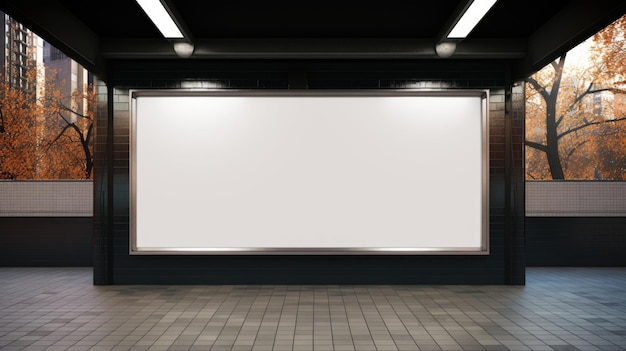 Un cartellone pubblicitario vuoto in una stazione della metropolitana con alberi sullo sfondo Immagine digitale Mockup di cartelloni pubblicitari