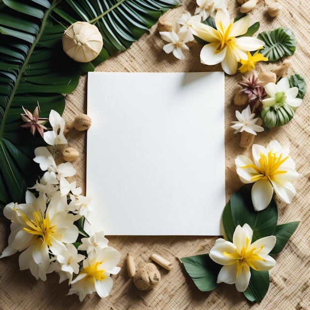 Un cartoncino bianco con fiori e foglie con una palma a sinistra.