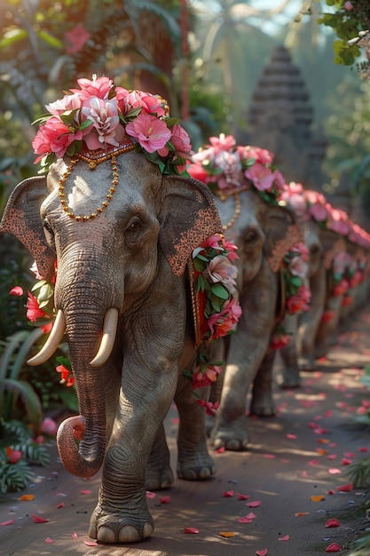 Un cartone animato 3D di elefanti thailandesi che marciano in una parata di conservazione con fiori