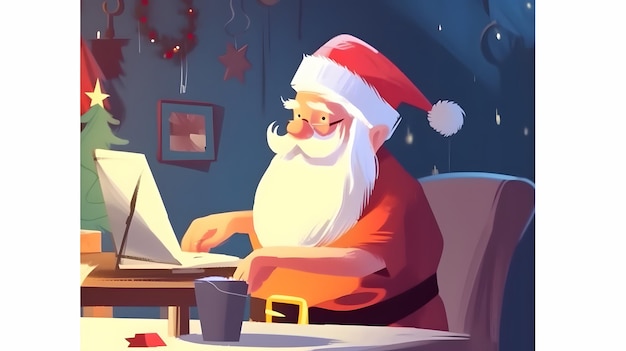 Un cartone animato babbo natale siede a una scrivania in una stanza buia e legge una lettera che dice babbo natale.