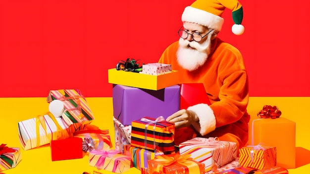 Un cartone animato di Babbo Natale che apre un regalo