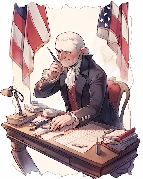 Un cartone animato di George Washington seduto a una scrivania con una bandiera dietro di lui.