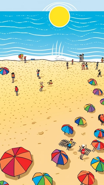 Un cartone animato di persone su una spiaggia con ombrelloni sulla sabbia.