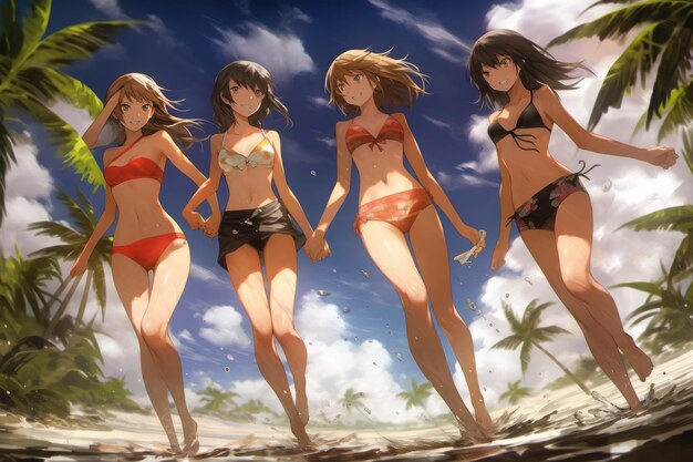 un cartone animato di ragazze sulla spiaggia con palme sullo sfondo.