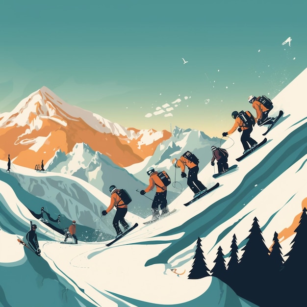Un cartone animato di sciatori che sciano giù per una montagna innevata.