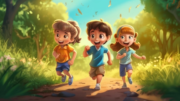 Un cartone animato di tre bambini che corrono su un sentiero