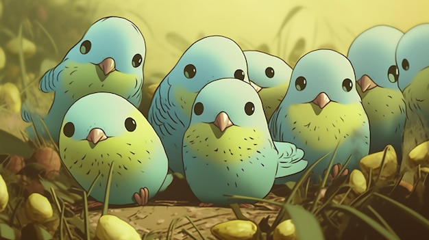 Un cartone animato di uccelli blu con occhi gialli e piume verdi.