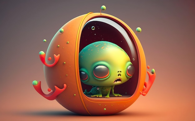 Un cartone animato di un alieno all'interno di un pianeta arancione