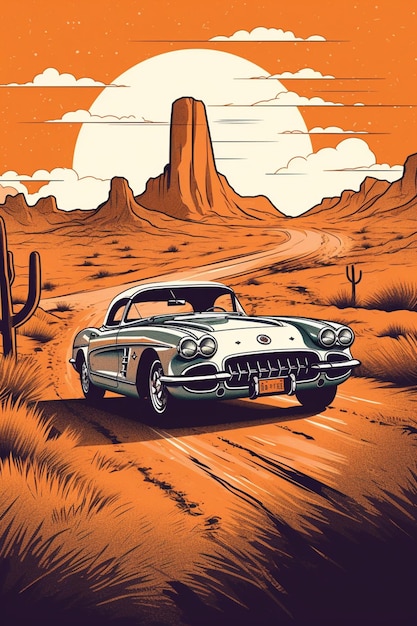 Un cartone animato di un'auto d'epoca in una scena nel deserto.