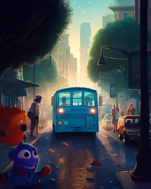 Un cartone animato di un autobus con un autobus blu sulla strada