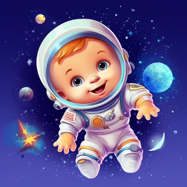 Un cartone animato di un bambino in una tuta spaziale che vola nello spazio.