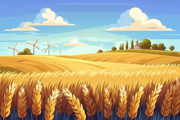 Un cartone animato di un campo di grano con mulini a vento sullo sfondo