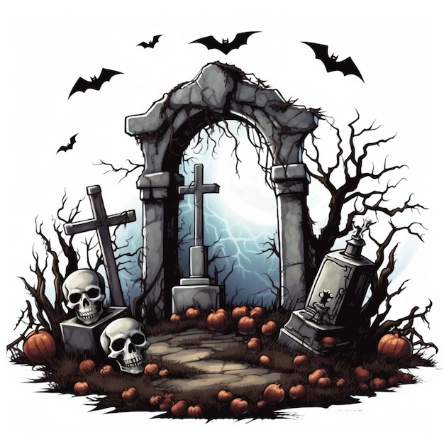 Un cartone animato di un cimitero con lapidi e pipistrelli generativo ai