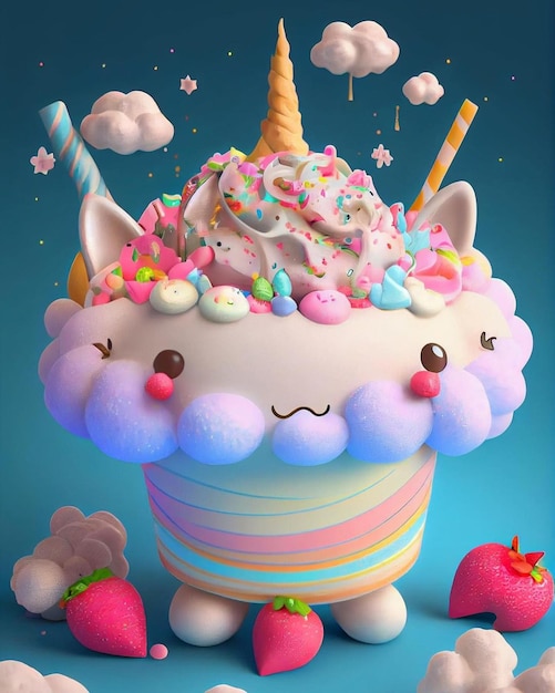 Un cartone animato di un cupcake unicorno con i colori dell'arcobaleno su di esso