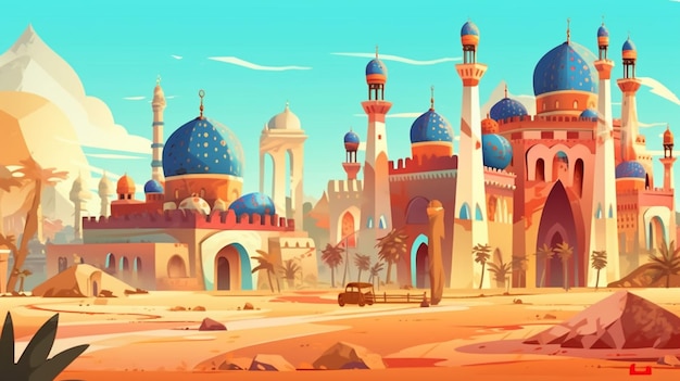 Un cartone animato di un deserto con un castello e un generativo del deserto ai