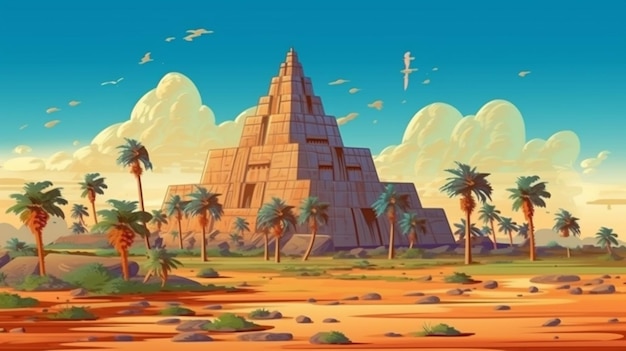 Un cartone animato di un deserto con una piramide e palme generative ai