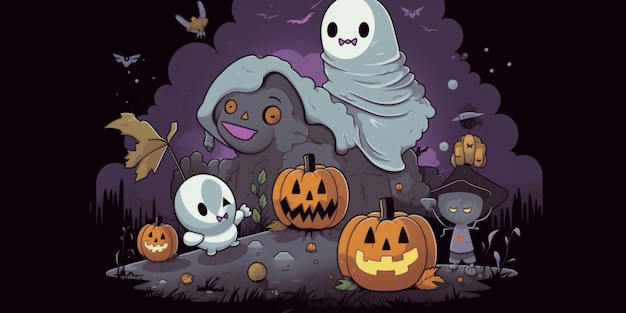 Un cartone animato di un fantasma e zucche con un tema di Halloween.