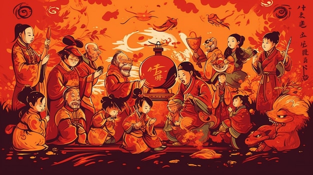 Un cartone animato di un gruppo di persone con le parole "capodanno cinese" sul fondo.
