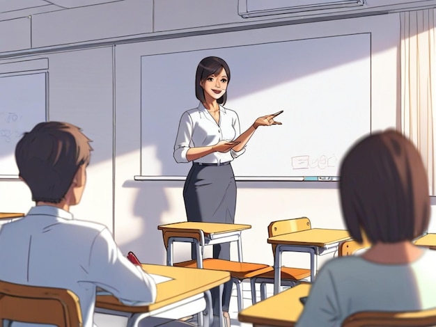 un cartone animato di un insegnante che fa una presentazione in una classe