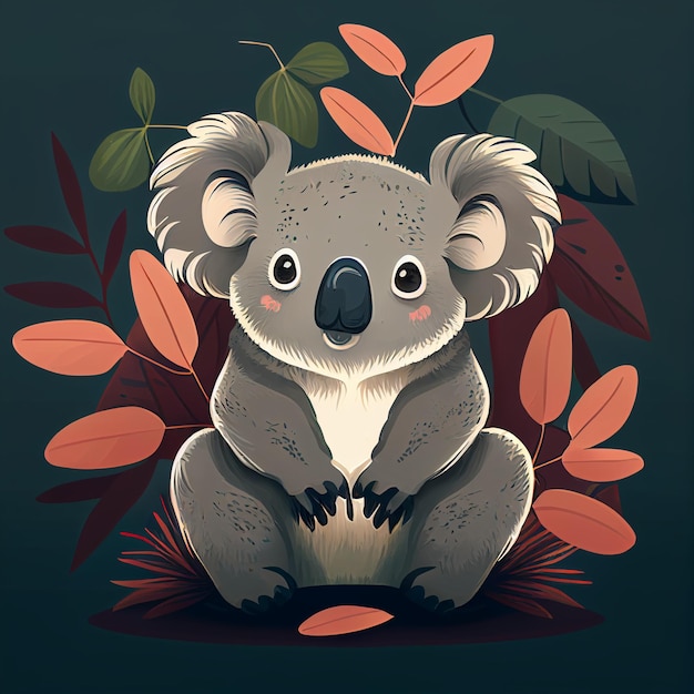 Un cartone animato di un koala seduto su uno sfondo frondoso.