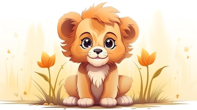 Un cartone animato di un leone seduto in un campo di fiori