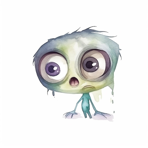 Un cartone animato di un mostro con un corpo verde e occhi viola.