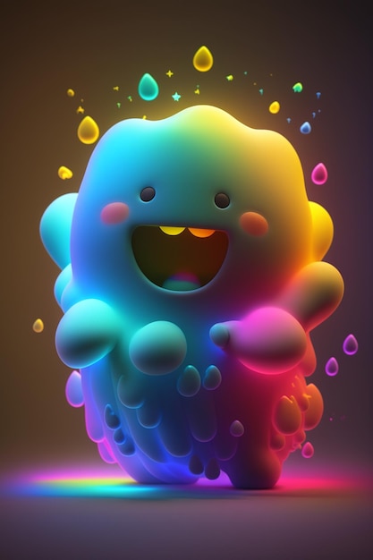 Un cartone animato di un mostro con uno sfondo color arcobaleno.