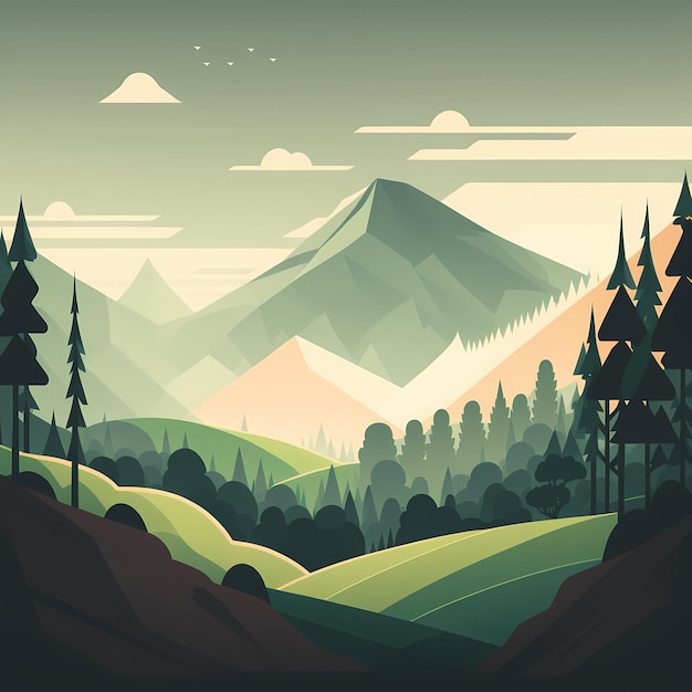 Un cartone animato di un paesaggio di montagna con un campo verde e alberi.
