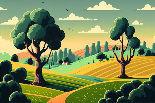 Un cartone animato di un paesaggio rurale con alberi e una casa sulla collina.