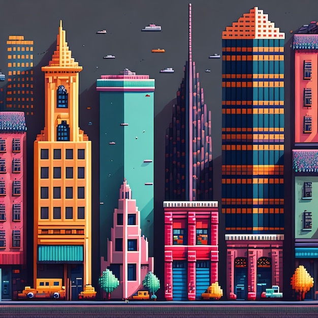 Un cartone animato di un paesaggio urbano con un edificio pixelato blu e arancione.