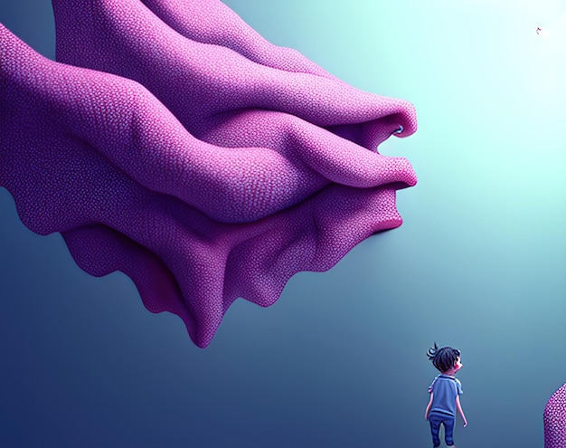 Un cartone animato di un ragazzo che cammina verso un gigantesco mostro viola.