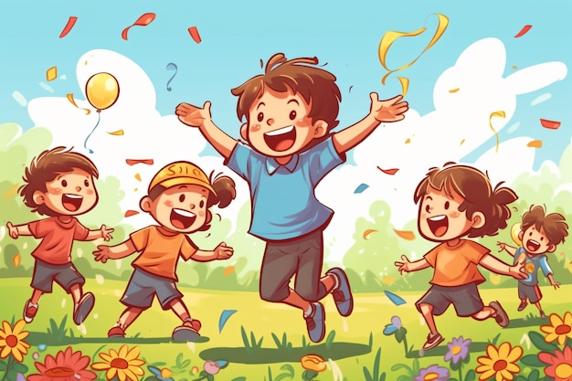 Un cartone animato di un ragazzo che salta in aria con i confetti in cima.