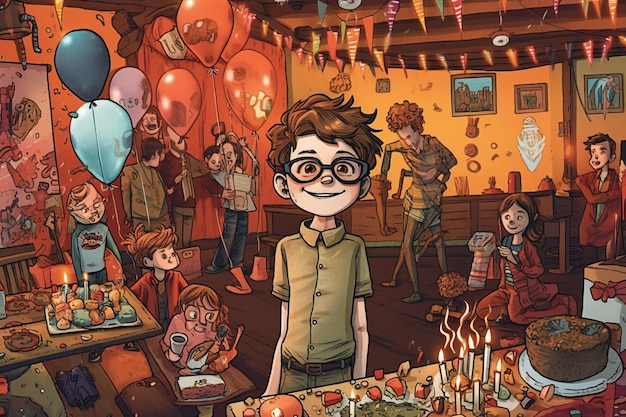 Un cartone animato di un ragazzo con una torta di compleanno davanti a lui.