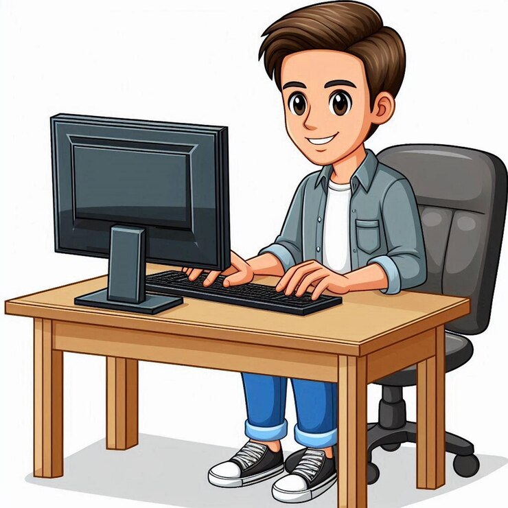 un cartone animato di un ragazzo seduto a una scrivania con un computer