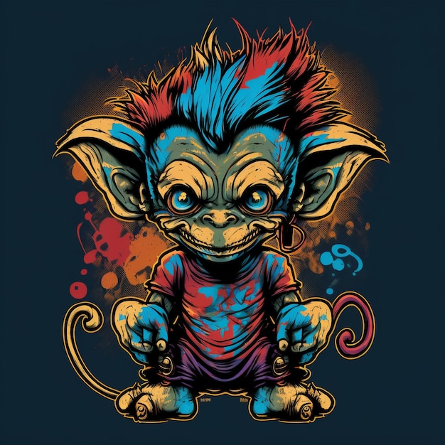 Un cartone animato di un troll con i capelli blu e la coda rossa.