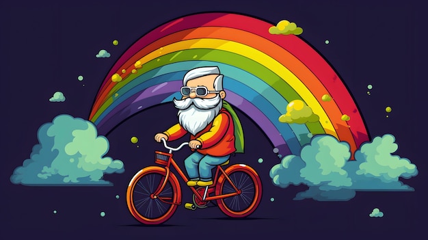 un cartone animato di un uomo che guida una bicicletta con un arcobaleno