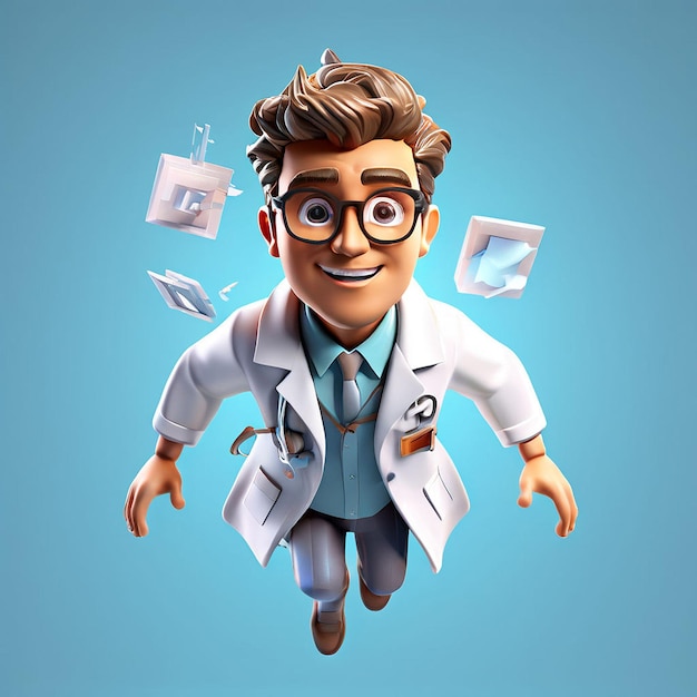 un cartone animato di un uomo che indossa un cappotto da laboratorio e occhiali è circondato da lettere