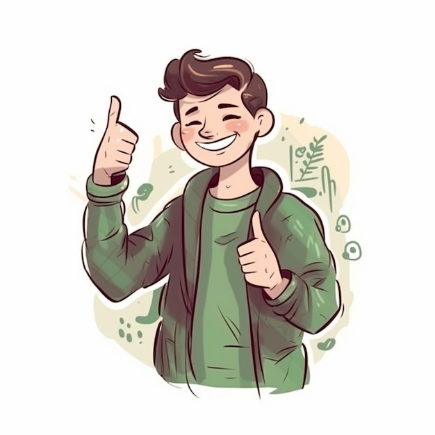 un cartone animato di un uomo con un pollice in alto e una giacca verde generativa ai