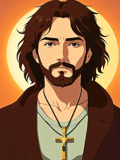 Un cartone animato di un uomo con una croce sul collo