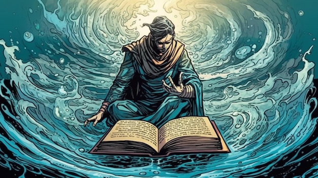 Un cartone animato di un uomo con una veste blu in piedi nell'acqua con sopra le parole dio dell'acqua.