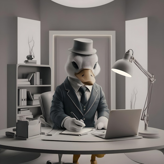 un cartone animato di un uomo in abito e cappello seduto a una scrivania con un portatile e una lampada