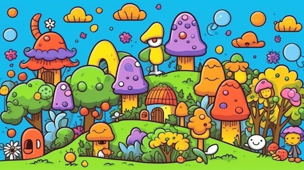 Un cartone animato di un villaggio colorato con funghi e alberi generativi ai