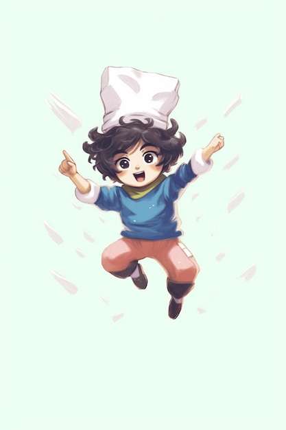 un cartone animato di una bambina che salta con un cappello in testa