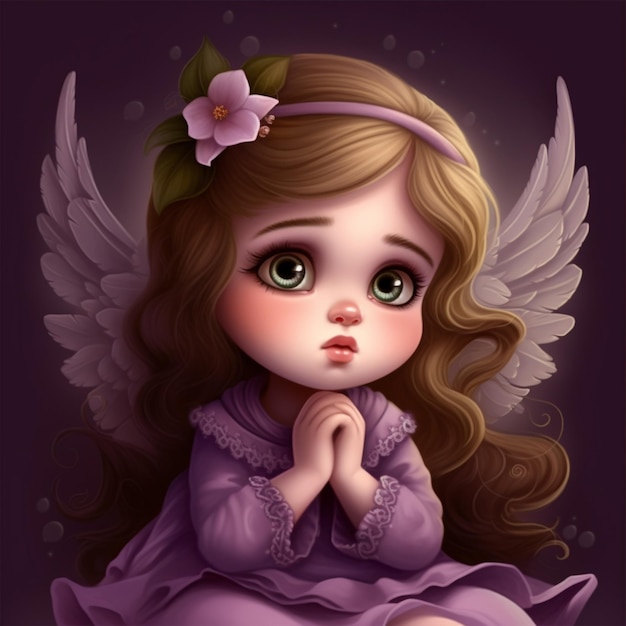 Un cartone animato di una bambina con gli occhi grandi e un vestito viola con un fiore in testa.